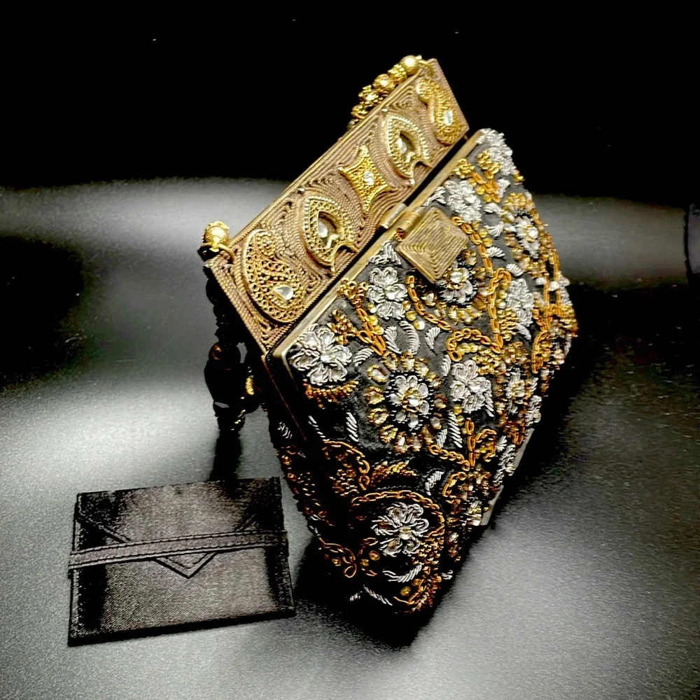 MEERA MAHADEVIA~EVENING BAG~EMBROIDERED/BEADED BY HAND ON BLACK SILK - Picture 3 of 3